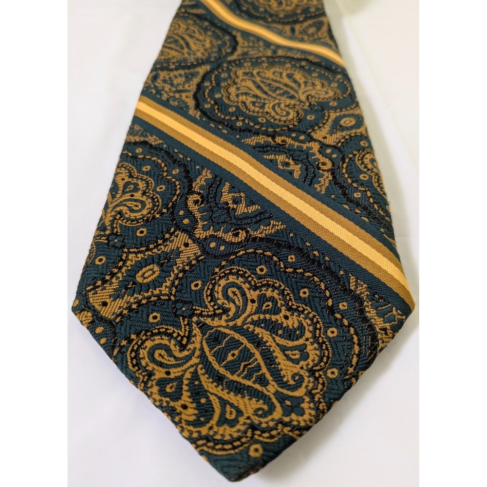 Vintage (70s) JCPenny Bold Teal/Gold Striped Paisley Qiana Nylon Tie 54x3.75